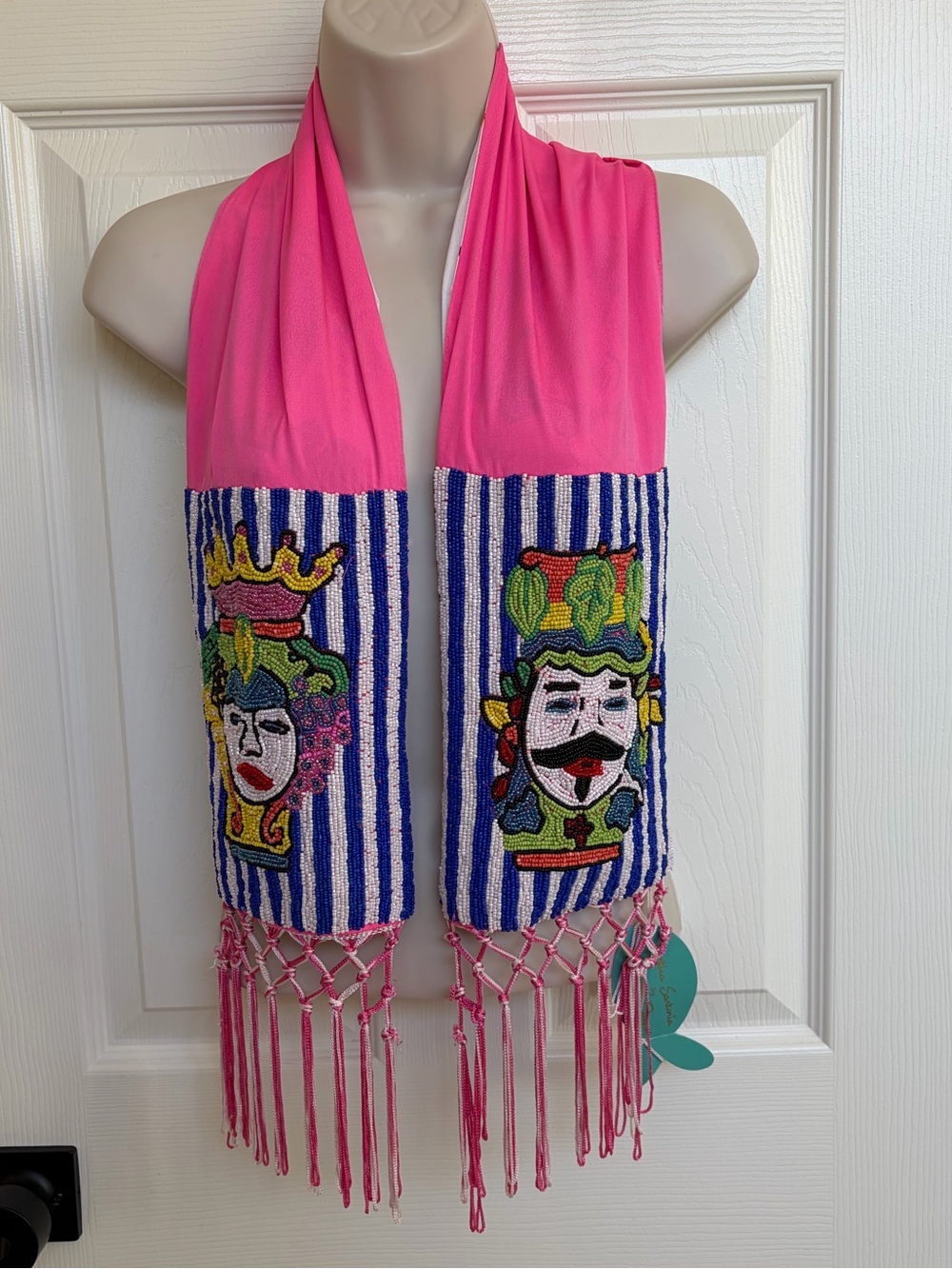 Pink Embroidered Mask Motif Scarf with Fringe